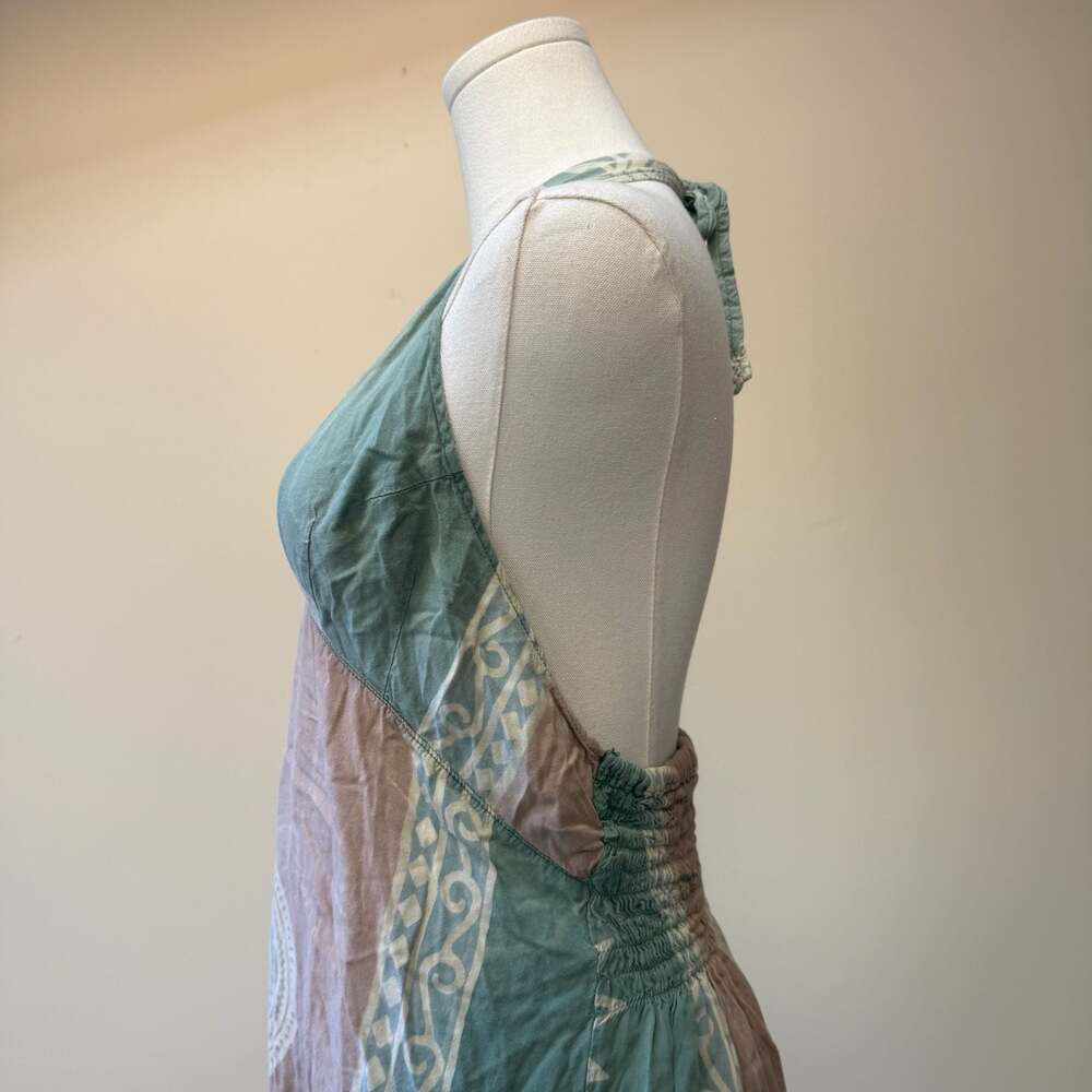 Boho Style Teal and Pink Halter Neck Smocked Back Summer Midi Dress - Picture 5 of 10